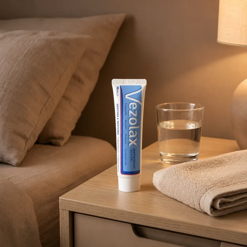 Tubo de Vezolax gel refrescante en la mesita de noche